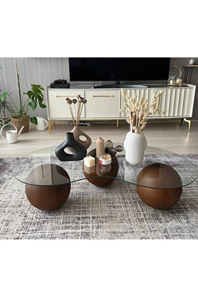 MIARIK DESIGN AHŞAP TOP AYAKLI CAMLI ORTA SEHPA