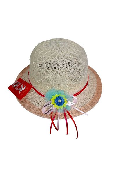 Kitti Spteks 6-12 Years Old Girl's Cream Color Summer Straw Hat with Ribbon and Flower Figure
