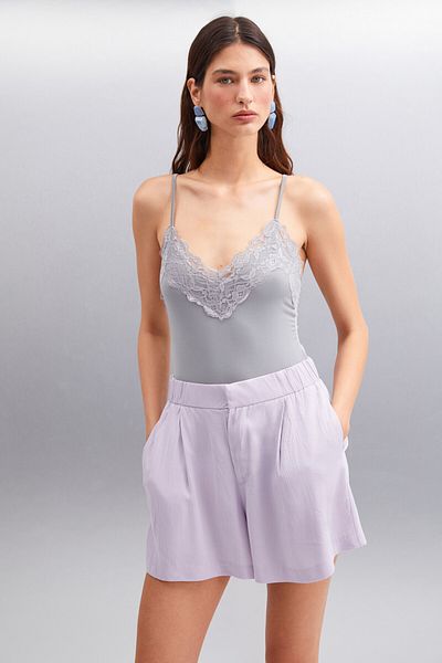 GRIMELANGE Callısta Women's Stretchy Jersey Fabric Gray Bustier with Lace Bottom Snaps