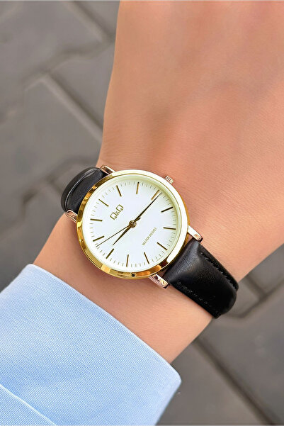 Q&Q ساعة يد نسائية كلاسيكية بسلك جلدي مقاوم للماء 3 ATM