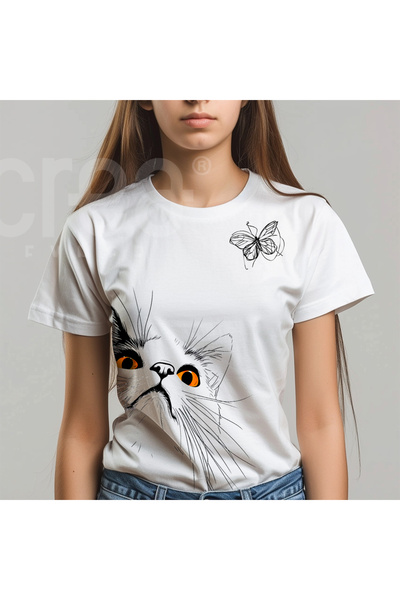 Crea Eymer Wear تيشيرت أبيض فاخر - طباعة قطة وفراشة، 100% قطن