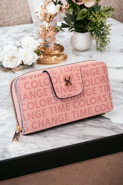 dericom Women's Text Patterned Large Size Stylish Powder Wallet Card Holder Accessory with Snap Fasteners and Zipper