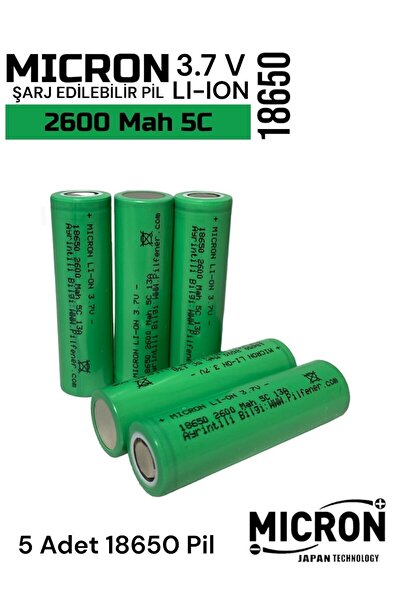 Micron 18650 3.7V (Volt) 2600 MaH 5C Lityum Şarj edilebilir Pil(Batarya) 5 Ad...