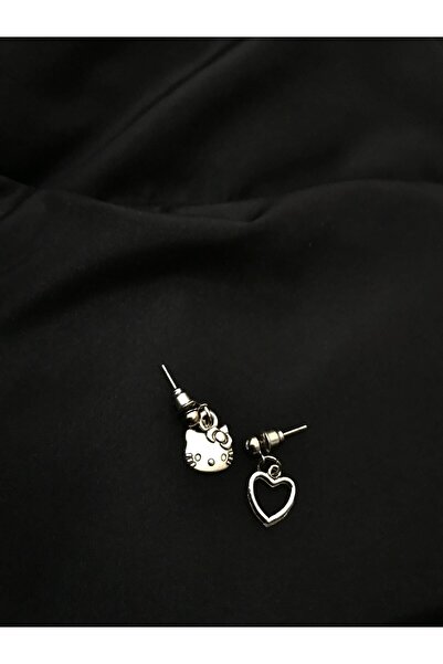 bohemian takı tasarim Hello Kitty Ve Kalp Küpe Antik Gümüş Kaplama