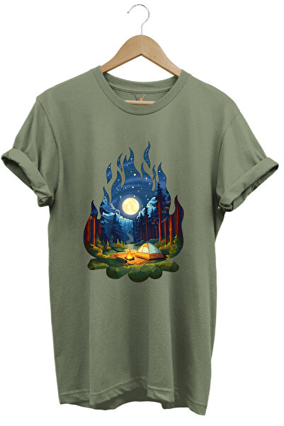 WİDİ تصميم خاص لـ Camper - تي شيرت مصنوع من القطن بنسبة 100% مع شعلة تخييم وخيمة وتفاصيل طبيعة