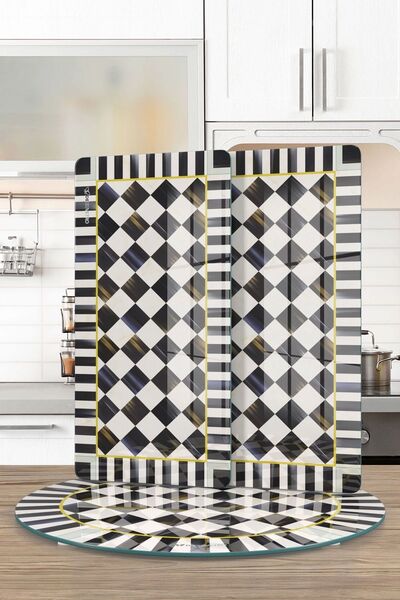 Decovetro MacKenzie 3-Piece Round Set - Glass Presentation Service, Black and White Checkered