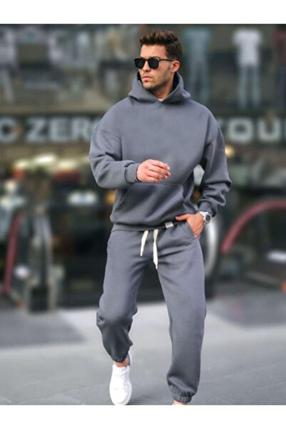 BayBayan Erkek Füme 3 İplik Yüksek Bel Jogger Kapşonlu Kanguru Cepli  Oversize  Eşofman Takımı