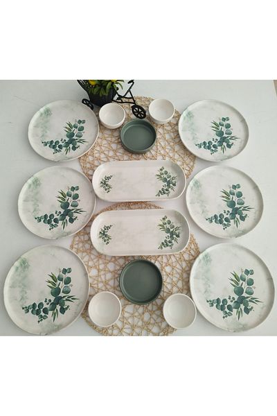 Keramika Green Eucalyptus 14 Pieces Breakfast Set for 6 Persons
