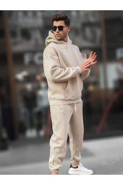 BayBayan Ανδρικό μπεζ 3 κλωστών ψηλόμεσο Jogger Hoodie Kangaroo Oversize Σετ αθλητική φόρμα με τσέπες