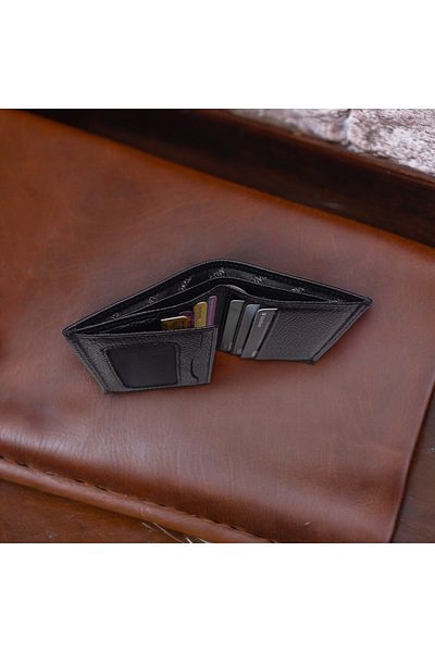 YUKES Men's Wallet - Genuine Leather, Black, with ID Compartment