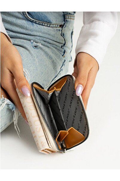 Just Polo Women's Cream-Tan Small Size Wallet - Snap and Zipper Closure