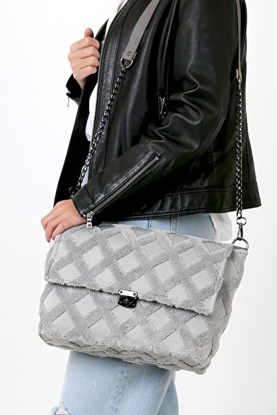 HAMUR Kadın Kumaş El Ve Omuz Çantası Tweed Gri Kürklü Peluş Örme Çapraz Askıl...