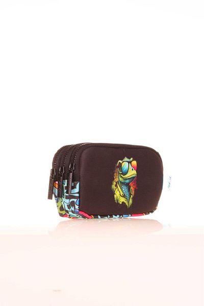KAUKKO Geantă neagră pentru creion pentru copii cu 3 compartimente cu model camaleon dulce - L8188