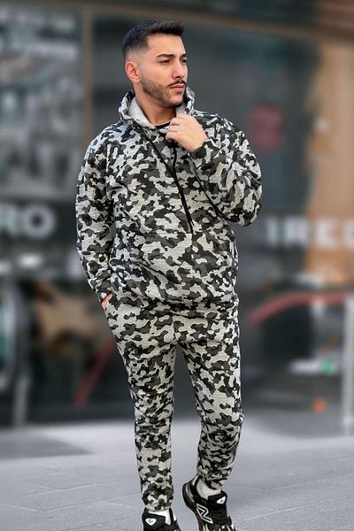 BayBayan Ανδρική φόρμα Jogger Camo με ψηλή μέση - 3 κλωστές, κουκούλα, τσέπη καγκουρό
