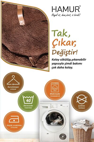 HAMUR Yıkanabilir Puf Tabure Kılıfı Tak-Çıkar-Değiştir-Yenile Orta Sehpa Kılıfı Kc Teddy Kahve