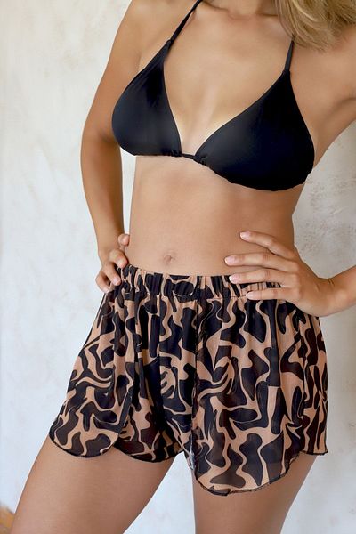 HAMUR Summer Beach Shorts Pareo Sea Shorts Closed Front Slit Elastic Chiffon Tulle Fabric Twime Black