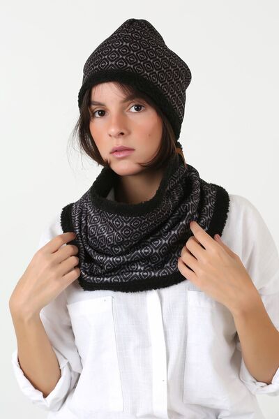 HAMUR Siyah Kadın Bere Ve Boyunluk 2li Set Takım Unique Peluş Wellsoft Bb-095