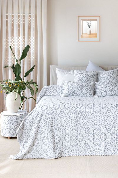 HAMUR Double Gray Scandinavian Bedspread Set - Bohemian Punch Punch Pattern Motif