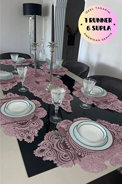 Çt Çeyizci Tekstil مفرش أطباق أمريكي، طقم تقديم طعام مكون من 6 أطباق، طقم مفر...