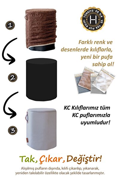 HAMUR Yıkanabilir Puf Tabure Kılıfı Tak-Çıkar-Değiştir-Yenile Orta Sehpa Kılıfı Kc Teddy Kahve