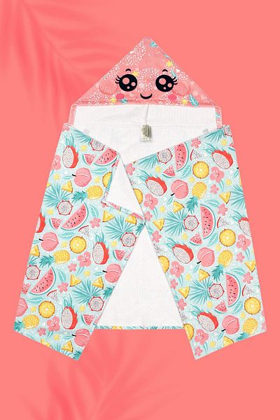 HAMUR Hooded Children's Beach Towel Flower Fruit Salmon Velcro Front