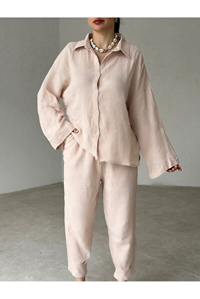 EDLİNGERİE Krem Müslin Kumaş Kadın Pantolon Gömlek Alt Üst Takım