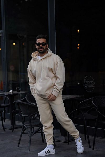 BayBayan Ανδρικό μπεζ 3 κλωστών ψηλόμεσο Jogger Hooded Hooded Casual Loose Fit Σετ αθλητικών φούτερ