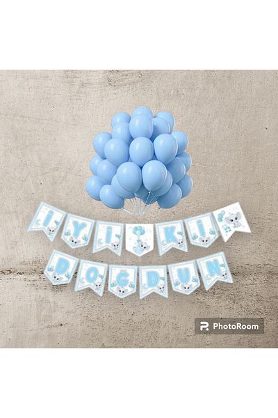Deniz Party Store Pastel Blue 10 Pieces Blue Elephant Happy Birthday Uzar Text Set of 2