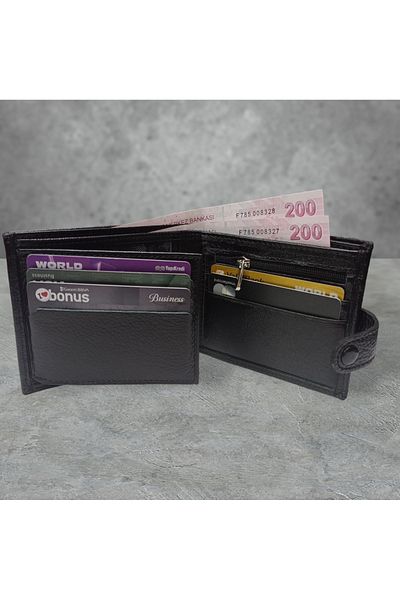 YUKES Black Genuine Leather - Men's Wallet with Snap Fasteners and Coin Compartments