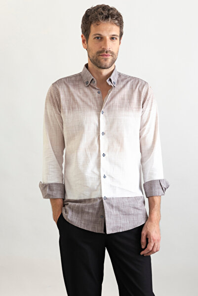 alenmeza Ανδρικό πουκάμισο καφέ casual μοντέρνα εφαρμογή - 100% βαμβάκι, γιακάς με κουμπιά, με πάνελ που αλλάζει χρώμα