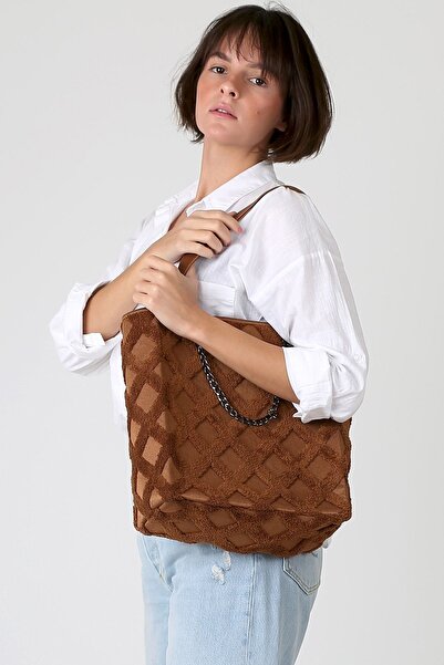 HAMUR Kadın Kumaş El Ve Omuz Çantası Tweed Taba Kürklü Peluş Örme Kol Çantası