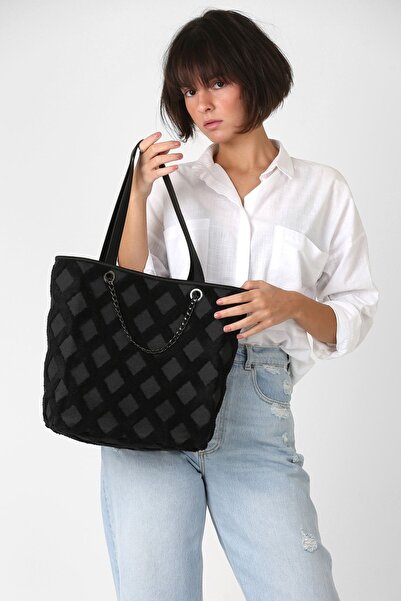 HAMUR Kadın Kumaş El Ve Omuz Çantası Tweed Siyah Kürklü Peluş Örme Kol Çantası