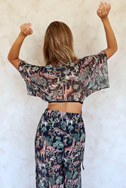 HAMUR Crop Cross Tie Detailed Beach Pareo Summer Tulle Chiffon Blouse Woods Black Std