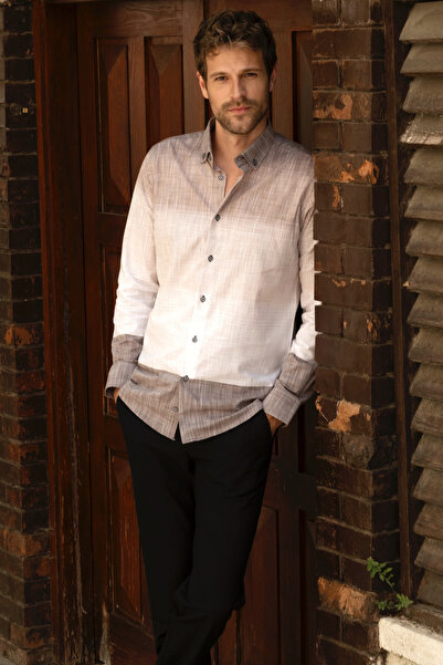 alenmeza Ανδρικό πουκάμισο καφέ casual μοντέρνα εφαρμογή - 100% βαμβάκι, γιακάς με κουμπιά, με πάνελ που αλλάζει χρώμα