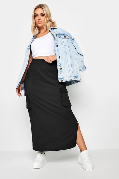 Stil Diva Plus Size Patternless Skirt - Elastic Waist, Pocket Detail and Slit160295