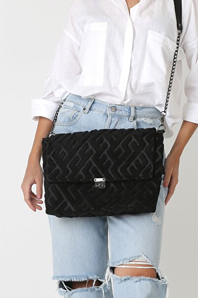 HAMUR Kadın Kumaş El Ve Omuz Çantası Maze Siyah Kürklü Peluş Örme Çapraz Askı...