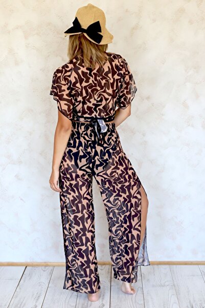 HAMUR Beach Pantalon Pareo Cottage Indoor Slit ελαστικό σιφόν τούλι ύφασμα ψηλόμεσο Twime μαύρο