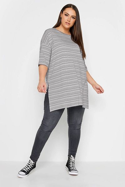 Stil Diva Crew Neck Striped T-shirt with Slit Detail - Large Size302946