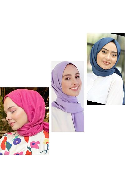 HAR-UM Ticaret Hijab Women's Cotton Jazz Shawl Model - Set of 3 Fuchsia>blue>lilac