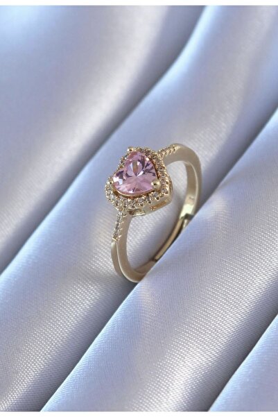 925KOLYE Pembe Kalp Taşlı Tektaş Gold Rengi 925 Ayar Gümüş
