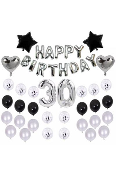 Deniz Party Store 30 Years Confetti Balloon Birthday Set Silver Black