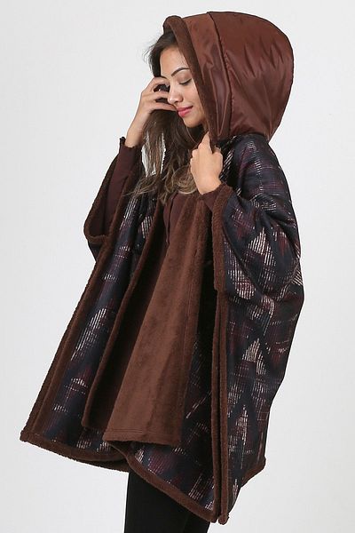 HAMUR Hooded Oversize Buttoned Brown Plush Velvet Coat Zigzag Kk-802