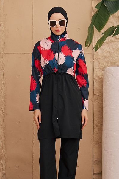 REMSA Hijab Patterned Parachute Closed Swimsuit - 3024-143 Black