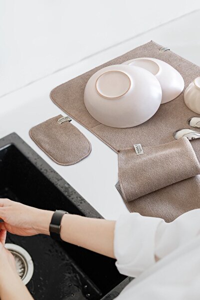 HAMUR Bej-gri Microwell 3 Prç Set Microfiber Bulaşık Kurutma Matı Mutfak Seti 3'lü Kurulama Bezi Örtüsü