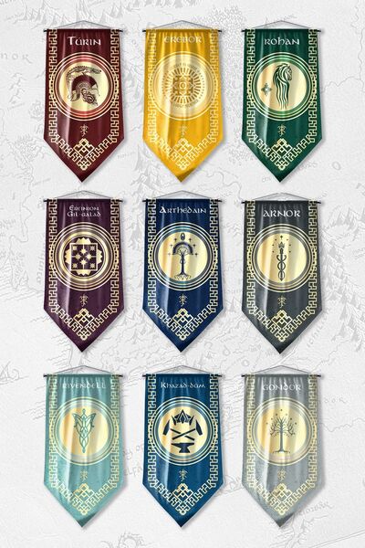 Vagonik Yüzüklerin Efendisi Güç Yüzükleri Krallıkları 9 Adet Flama Bayrak Set...