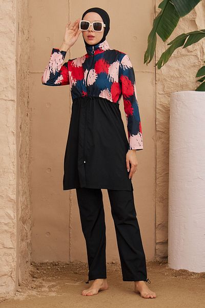 REMSA Hijab Patterned Parachute Closed Swimsuit - 3024-143 Black