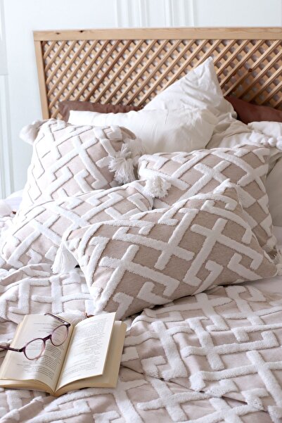 HAMUR İskandinav Yatak Örtüsü Seti Çift Kişilik Set Bohem Punch Panç Desen Elda Bej