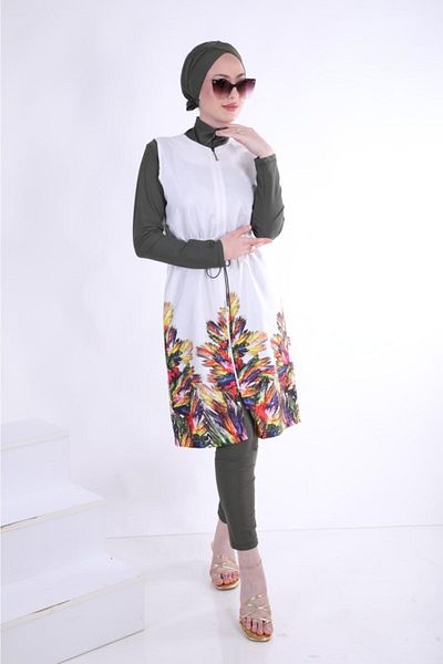 NS Tasarım Tesettür Mayo White Single Vest - Tassel Pattern, Parachute Fabric