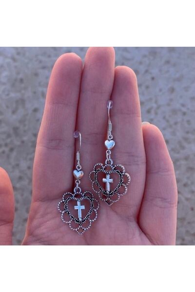 bohemian takı tasarim Kalp Haç Küpe Antik Gümüş Kaplama