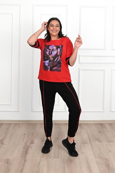 Koza Butik Women's Large Size Crew Neck Visual Printed Short Sleeve Tracksuit Set 8014-23